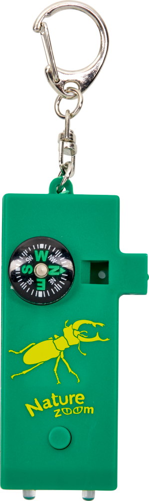 5-in-1 Mini-Multitool - Nature Zoom Grüner Schlüsselanhänger mit Kompass, Käfergrafik und „Nature Zoom“-Text.