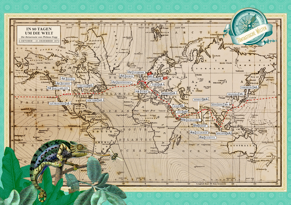 Alte Weltkarte als Beilage mit markierter Reiseroute, hervorgehobenen Zielen und einem Chamäleon in der Ecke.