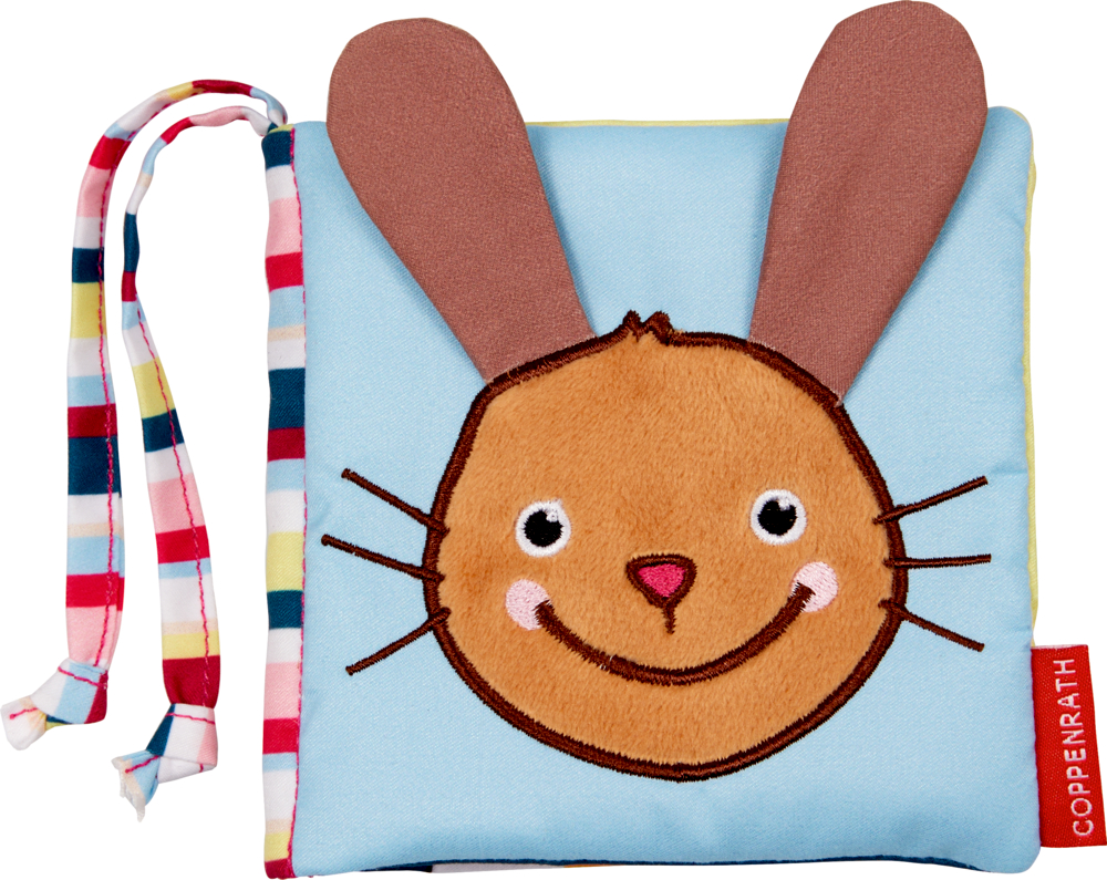 Mein allerliebstes Kuschelbuch: Tierkinder (Fühlen & begreifen) Babybuch aus weichem Stoff mit einem lächelnden Hasengesicht und gestreiften Bändern auf hellblauem Hintergrund.