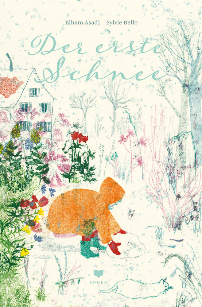 Der erste Schnee Buchcover von „Der erste Schnee“: Ein Kind im orangen Mantel hockt in einem verschneiten Garten.