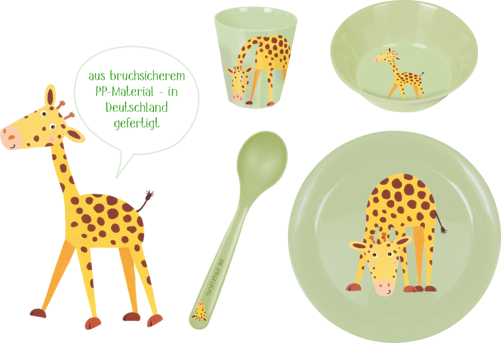Grünes Kindergeschirrset mit gelben Giraffenmotiven: Teller, Schüssel, Tasse und Löffel.