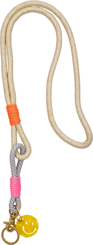 Beigefarbenes Lanyard mit bunten Wicklungen, goldenem Verschluss und gelbem Smiley-Anhänger.
