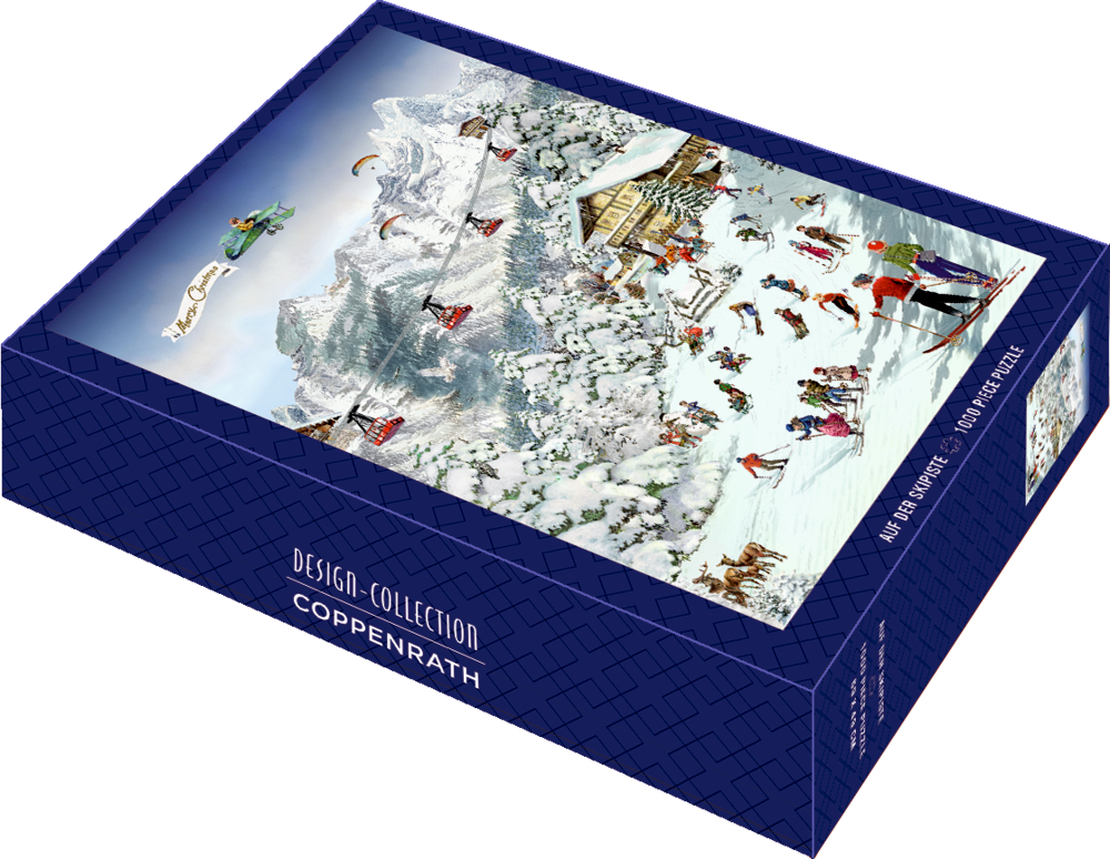 Rechteckige Puzzlebox mit winterlicher Skiszene vor verschneiten Bergen und Aufschrift „Design-Collection Coppenrath“.