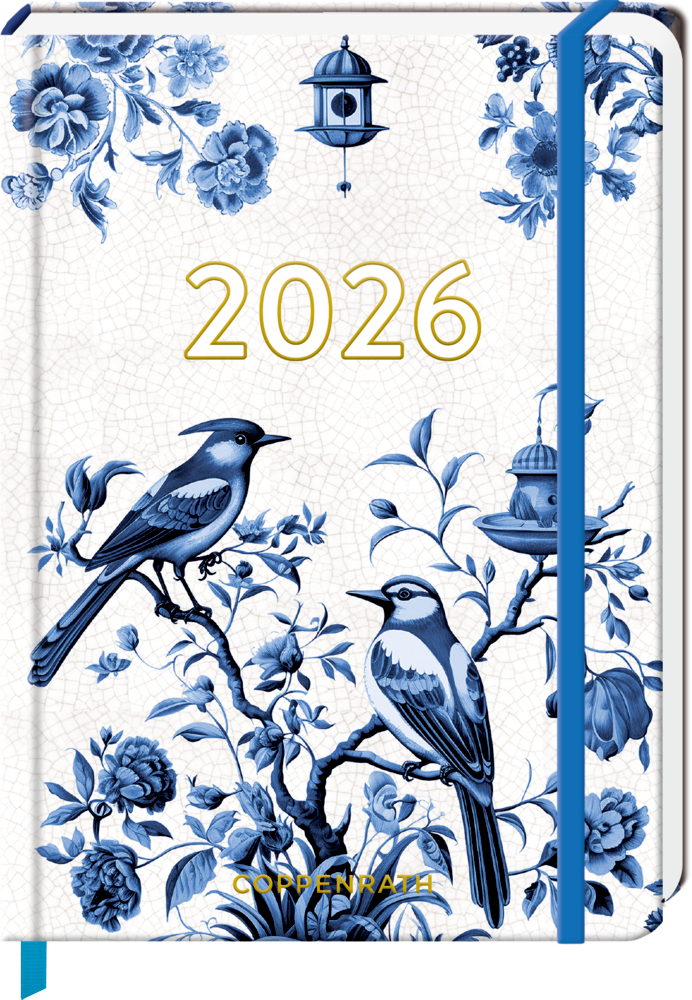 Kleiner Wochenkalender: Mein Jahr 2026 Vögel (B.Behr) Planer 2026 mit blauen Vögeln, Blumen, Futterhäuschen, blauem Gummiband und weißem Hintergrund.
