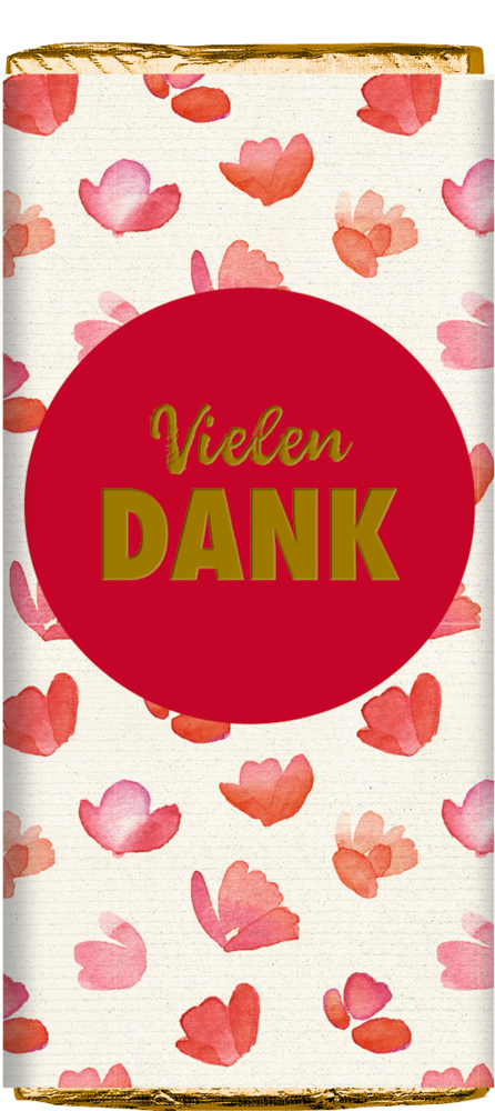 Schokoladentafel mit rosa Blumenmuster und einem roten Kreis mit der Aufschrift „Vielen Dank“ in goldenen Buchstaben.