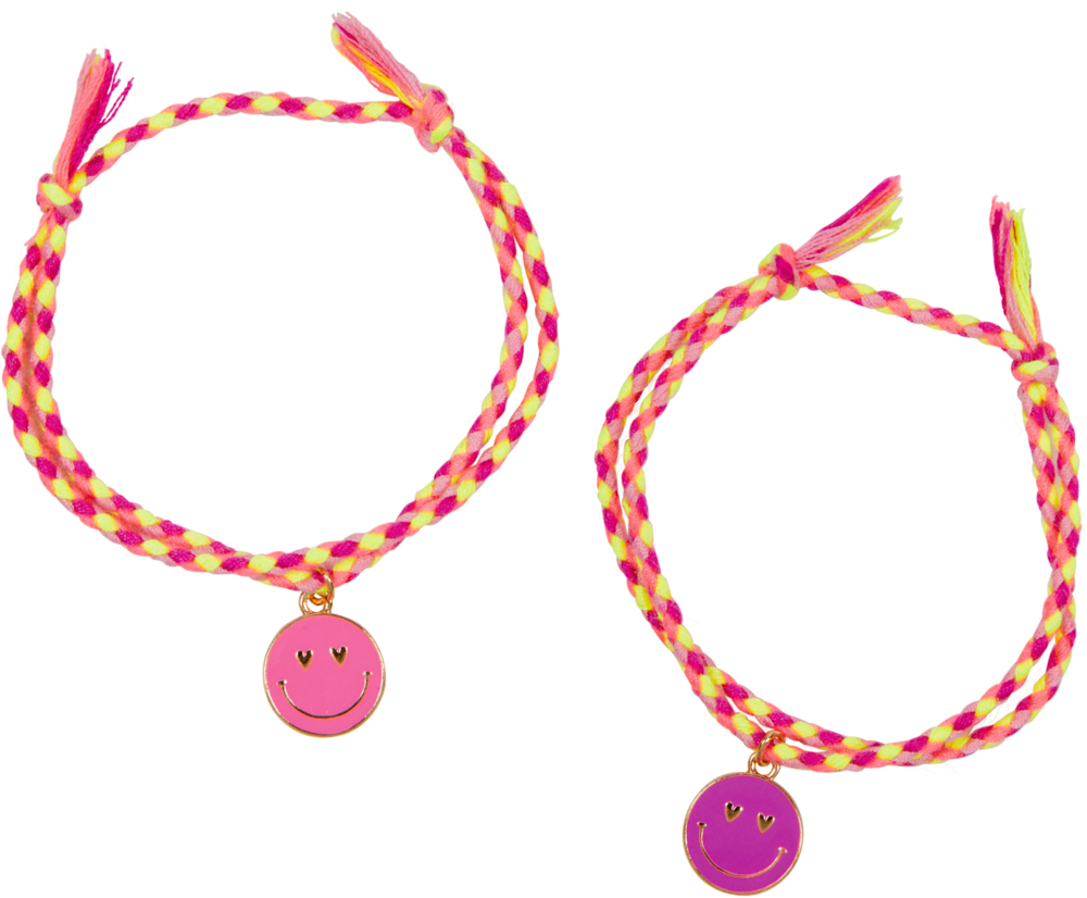 Zwei geflochtene neonpinke/gelbe Armbänder mit rosa Smiley-Anhängern und geknoteten Enden.
