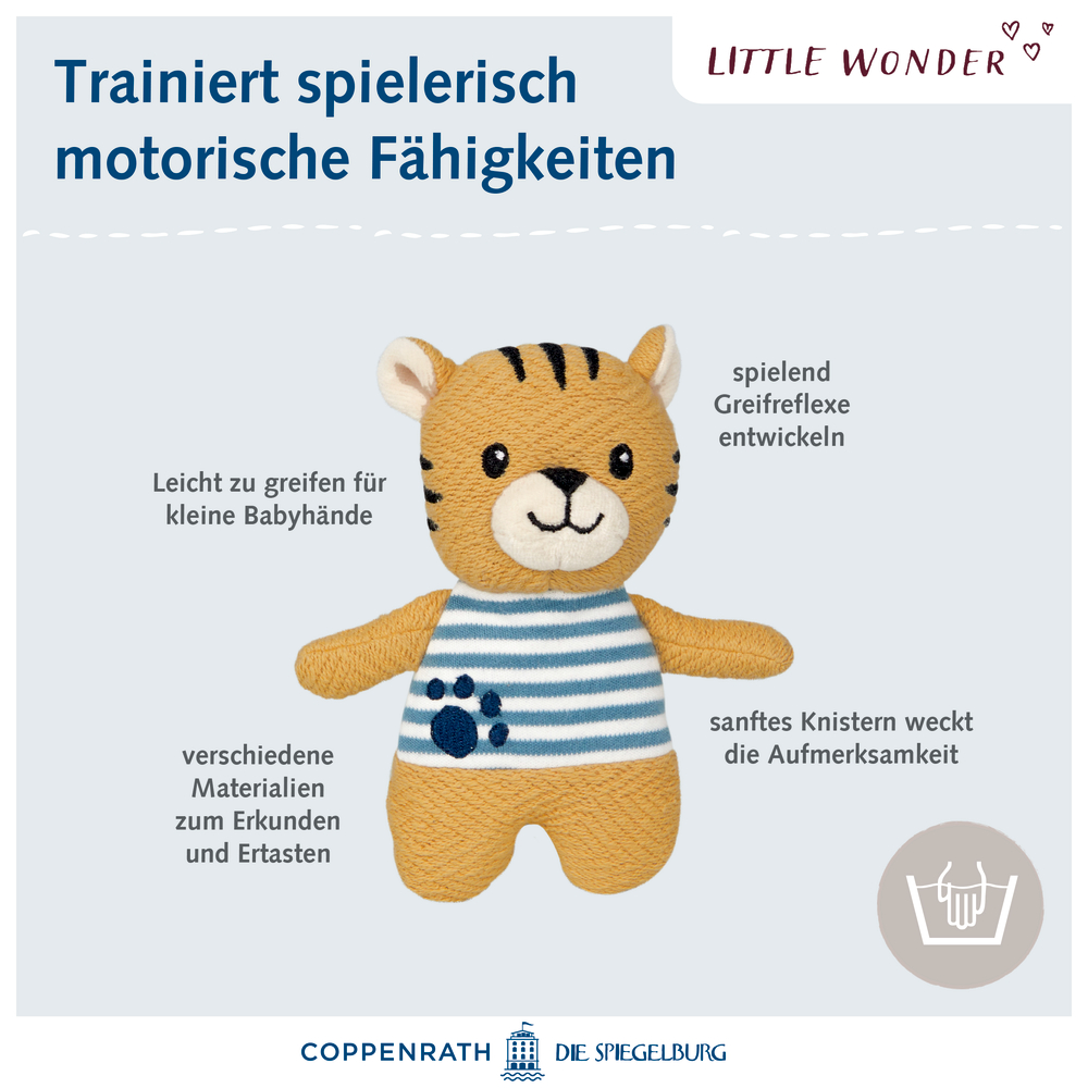 Plüsch-Tiger mit gestreiftem Shirt und Text zur Förderung der Motorik von Babys.