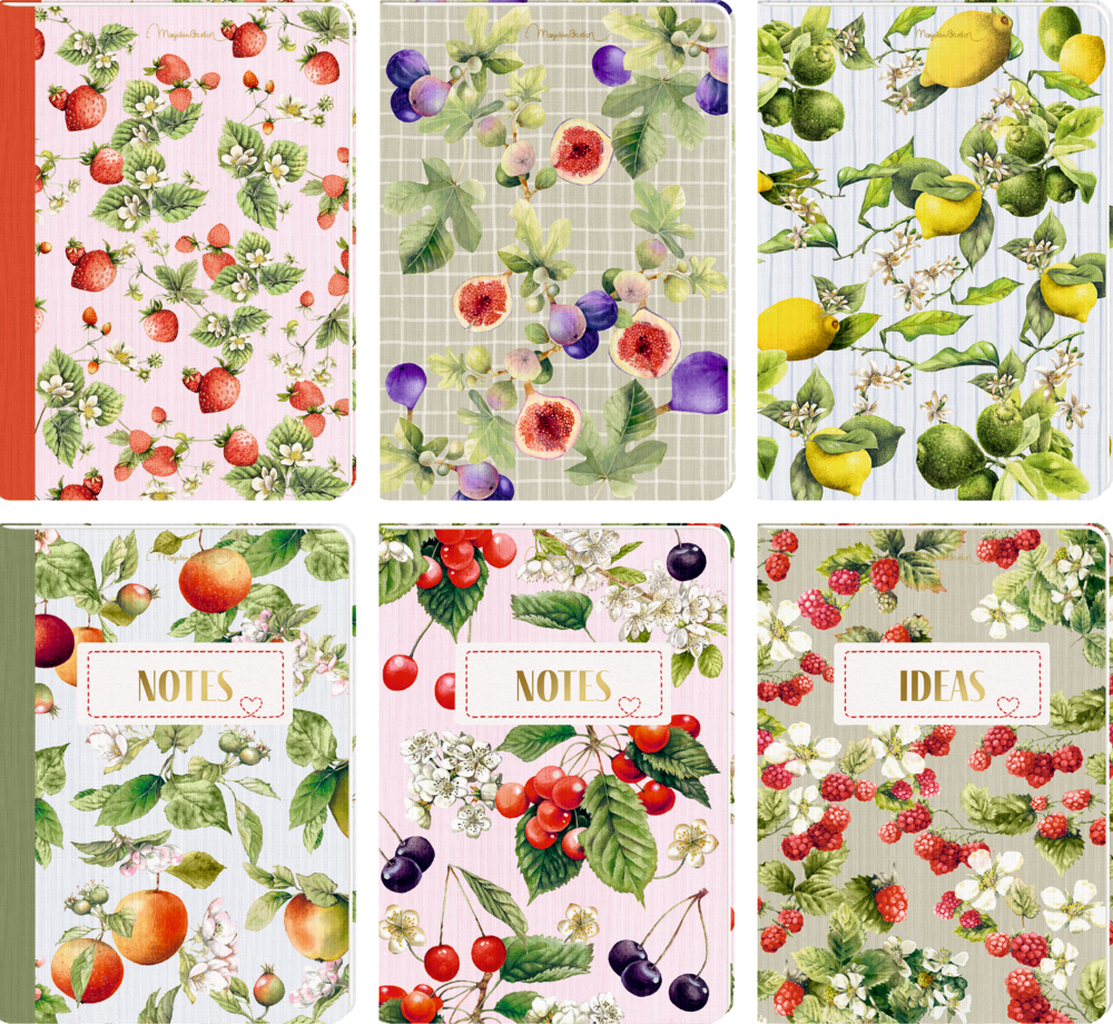 Sechs Notizbücher mit Fruchtmotiven: Erdbeeren, Feigen, Zitronen, Äpfel, Kirschen, Himbeeren.