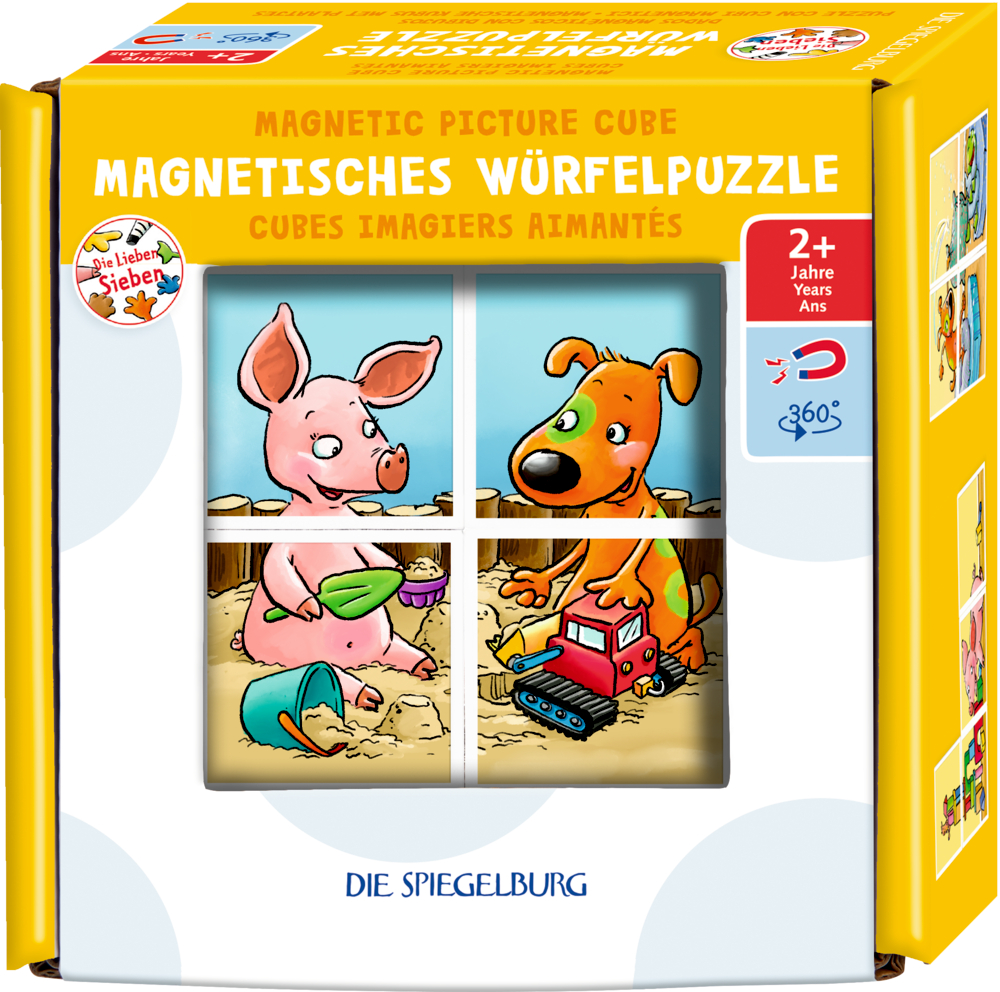 Magnetisches Würfelpuzzle - Die Lieben Sieben Magnetische Bilderwürfel-Puzzlebox: Schwein und Hund spielen mit einem Spielzeug-LKW in einem Sandkasten.