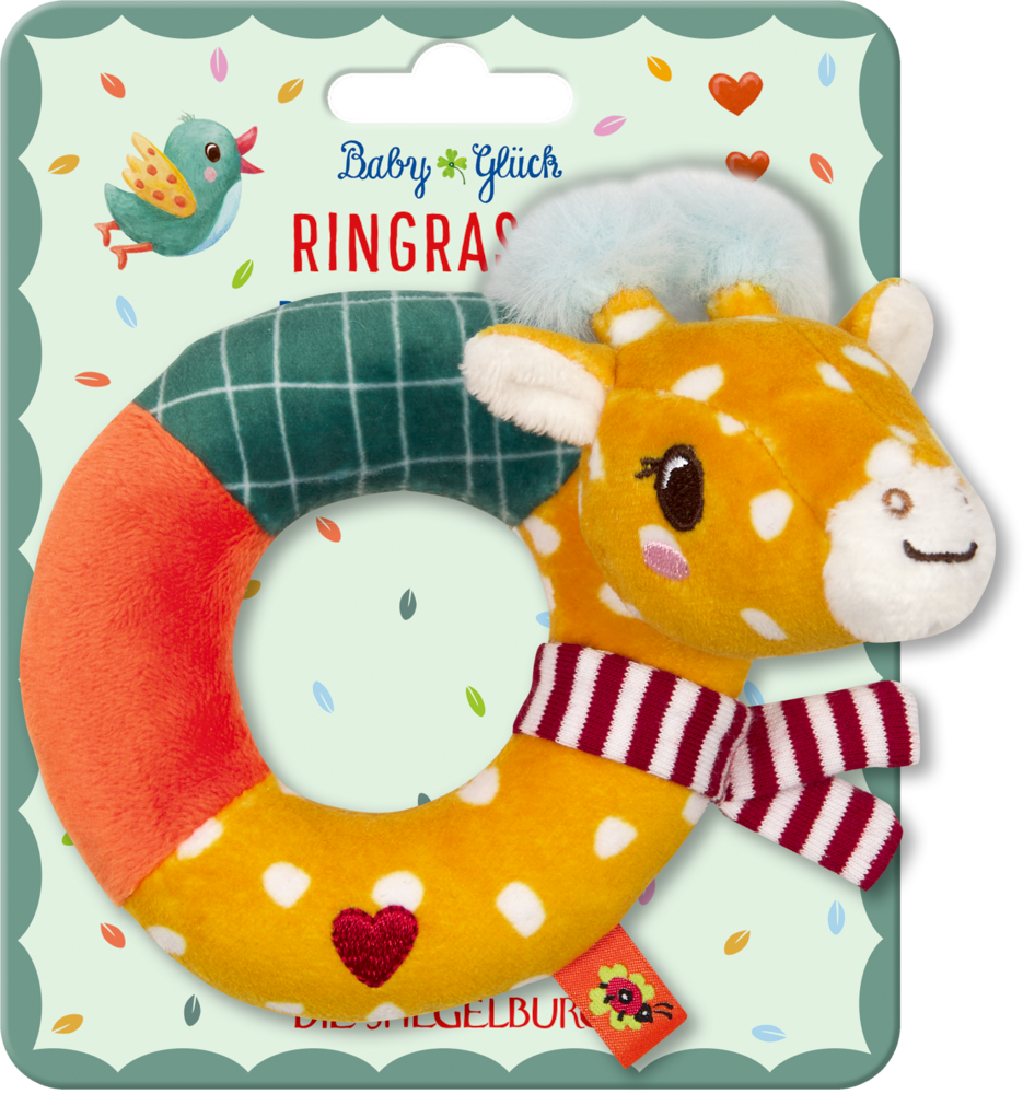 Stoffgiraffe als Babyrassel mit bunten Mustern und rot gestreiftem Schal, in Verpackung.