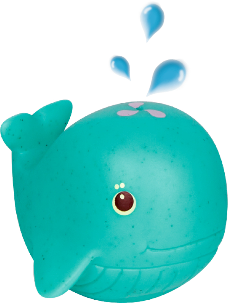 Ein türkisfarbener Spielzeugwal mit gezeichneten Wassertropfen am Blasloch.