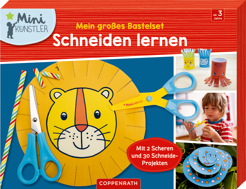 Mein großes Bastelset - Schneiden lernen (Mini-Künstler) Bastelset für Kinder mit Löwengesicht, sicherer Schere und bunten Papierprojekten zum Schneidenlernen.