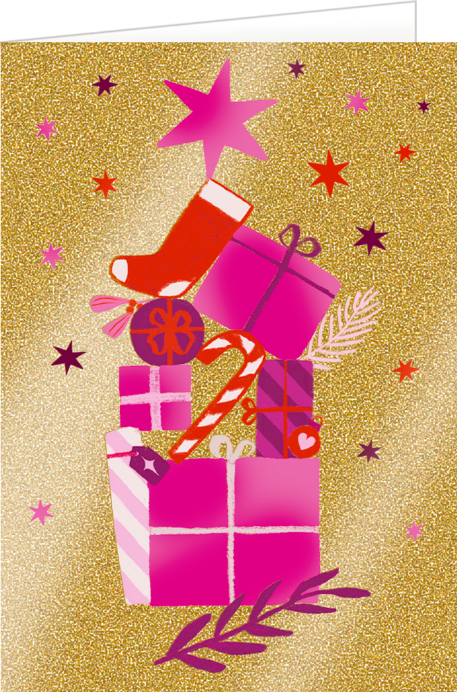 Gestapelte rosa Geschenke mit roter Socke, Zuckerstange und Sternmotiven vor goldenem Hintergrund.