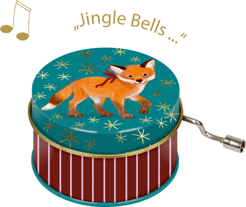 Eine Spieluhr mit Handkurbel und Fuchs-Illustration spielt „Jingle Bells“ mit Musiknoten über dem Motiv.