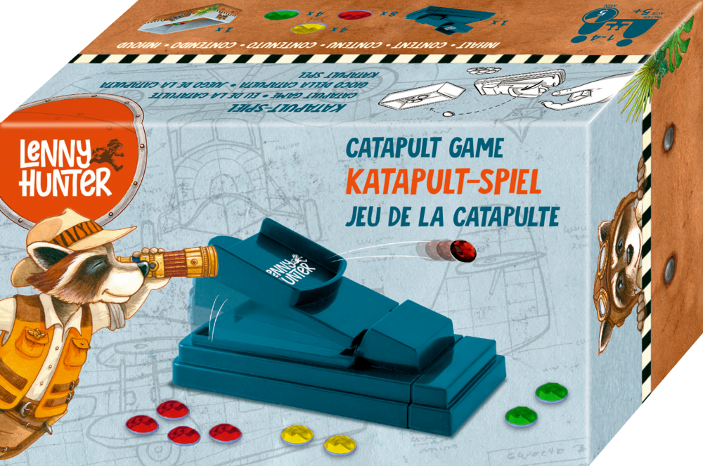 Lenny Hunter Catapult-Spielbox mit Waschbär-Maskottchen; Spielsteine in Rot, Gelb und Grün.