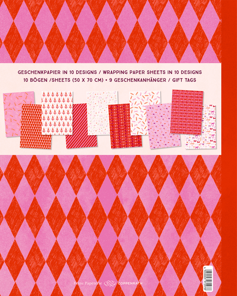 Zehn Bögen Geschenkpapier in Rot-, Rosa- und Weißtönen mit unterschiedlichen Mustern wie Streifen, Punkte und Tannenbäume.