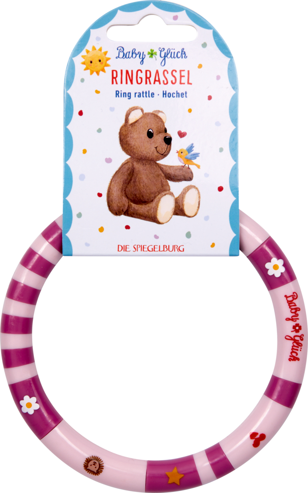 Rosa und weinrot gestreifter Ring an einer weißen Trägerkarte mit Bärenmotiv.