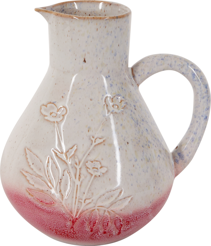 Porzellan-Krug "Blume" rot - LandLust Creme-weißer Keramikkrug mit dezenter Blumengravur und rosarotem Boden.