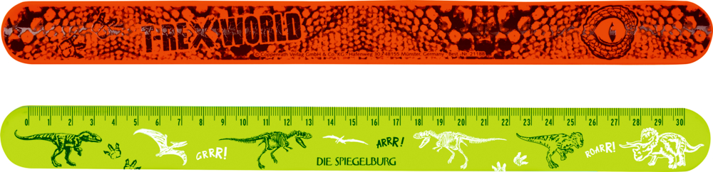 Schnapp-Lineal - T-Rex World Zwei Dinosaurier-Lineale in Hellgrün und Orange mit Dino-Motiven.