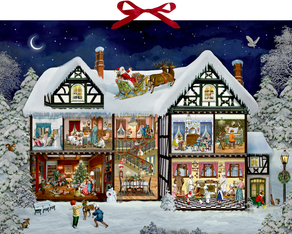 Im Adventshaus, Wand-Adventskalender (Behr) Verschneites Weihnachtshaus mit dem Weihnachtsmann auf dem Dach und feiernden Familien drinnen.