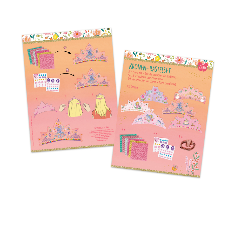 Zwei illustrierte rosa Anleitungsblätter für ein Kronen-Bastelset mit bunten Kronen und dekorativen Aufklebern.