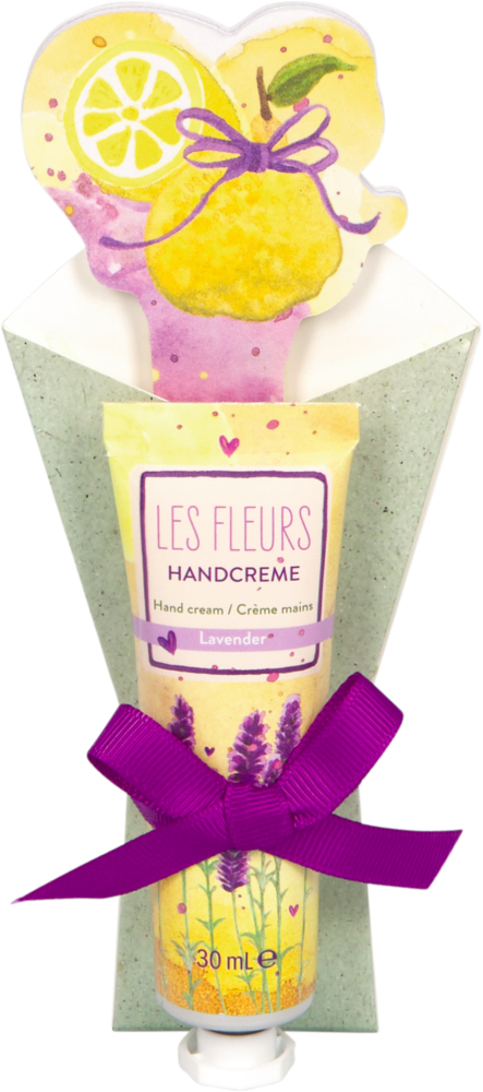 Eine Tube Lavendel Handcreme mit Blumenmuster, in Papier gewickelt und mit lila Band gebunden.