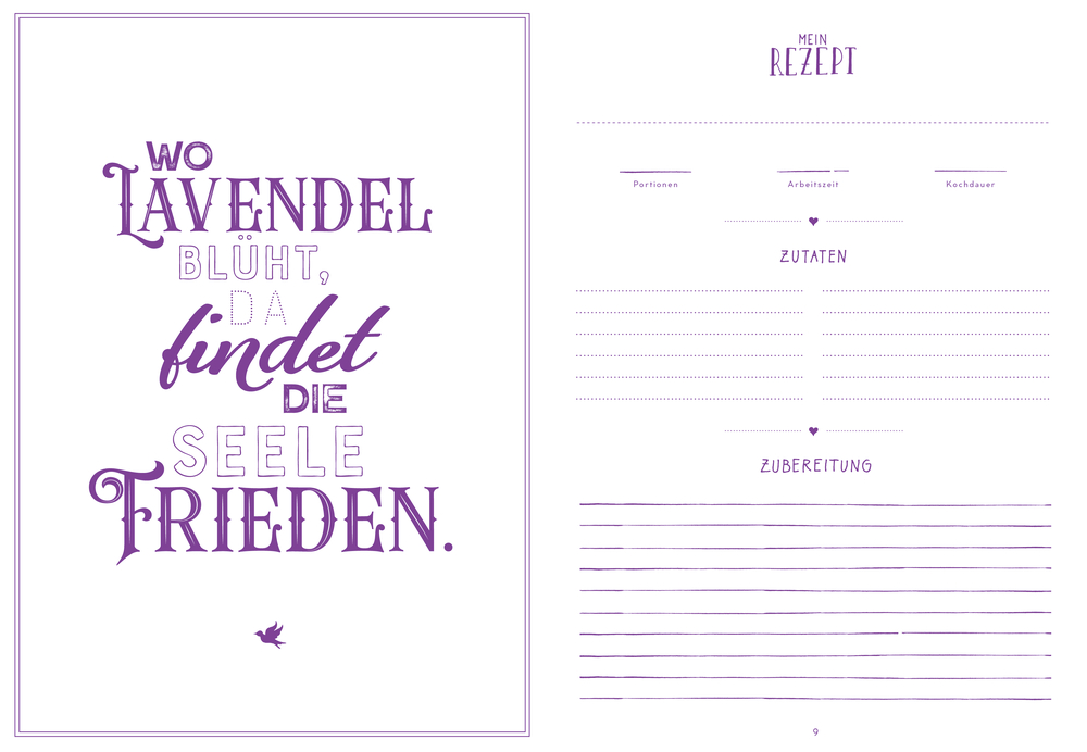 Lavendelfarbene Rezeptvorlage mit Zitat über Lavendel und Frieden, Abschnitte für Zutaten und Schritte.