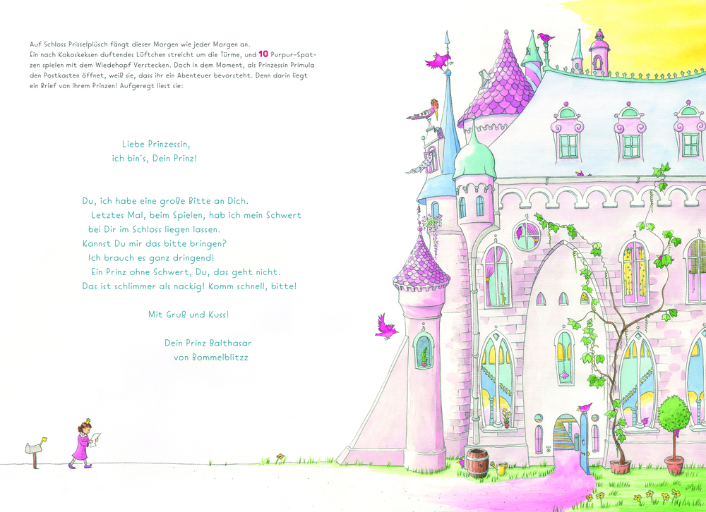 Buntes Schloss mit violetten Dächern, Vögeln und einem Brief an eine Prinzessin auf der linken Seite des Bildes.