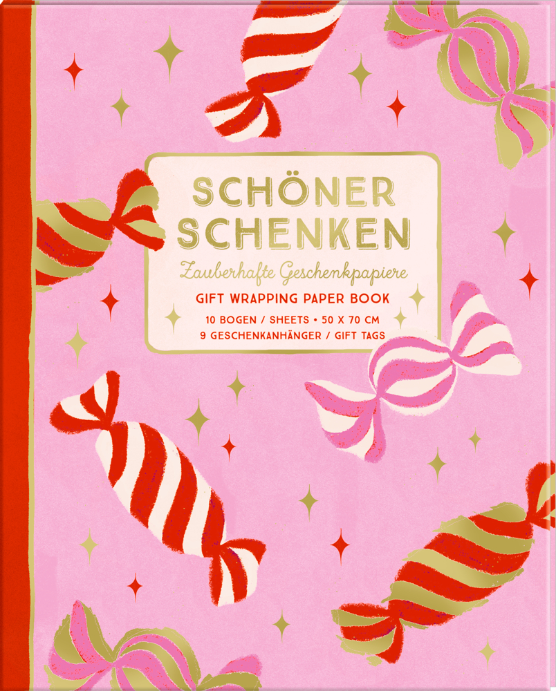 Geschenkpapierbuch mit rosa Umschlag, roten und rosafarbenen Bonbonmotiven und goldfarbener Schrift.