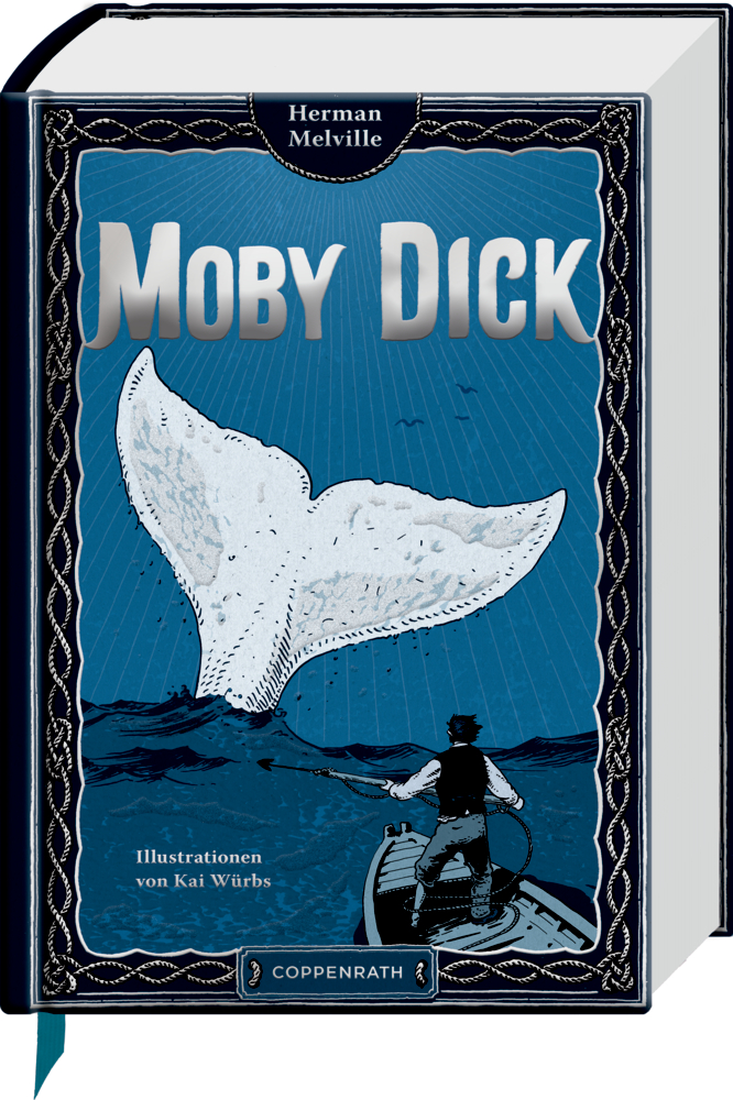 Große Schmuckausgabe: Herman Melville, Moby Dick Blaues Buchcover von Moby Dick auf dem ein Matrose im Boot steht im Ozean einem großen weißen Walkoloss gegenüber.