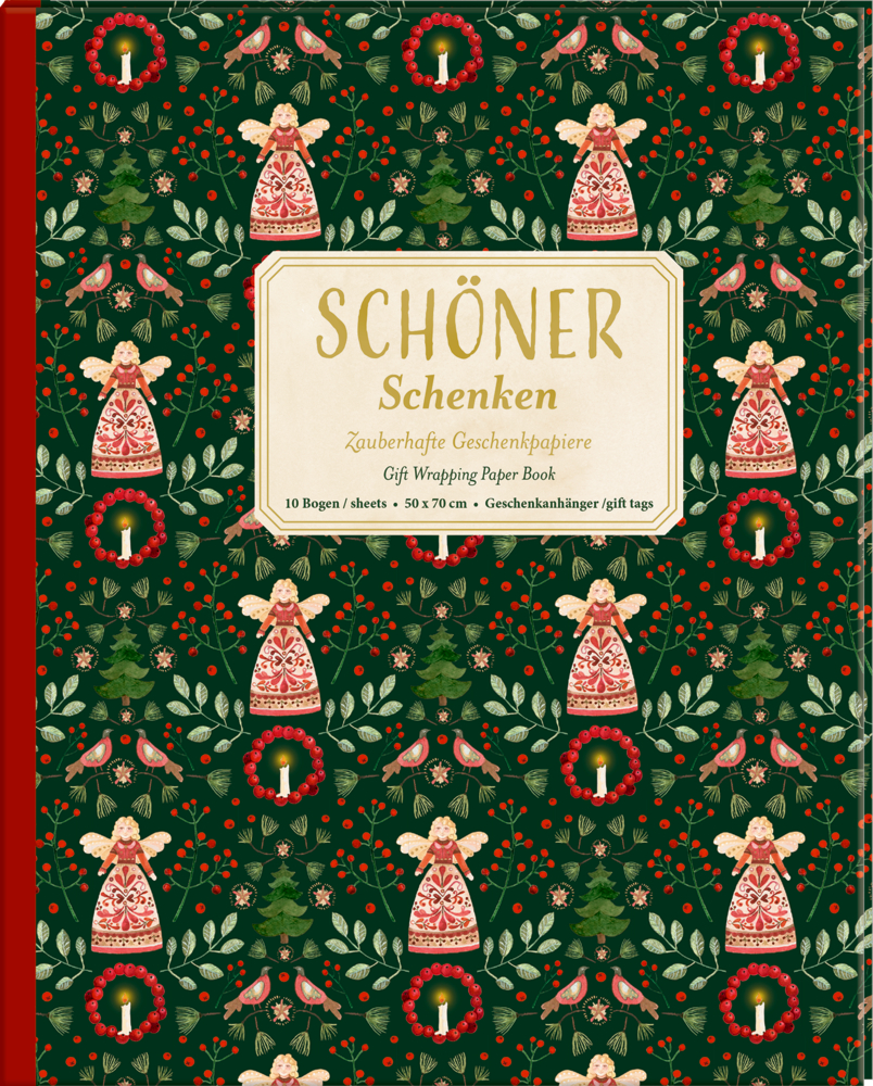 Geschenkpapier-Buchhülle mit Engelmotiven, Kerzen und Festgrün auf dunkelgrünem Hintergrund.