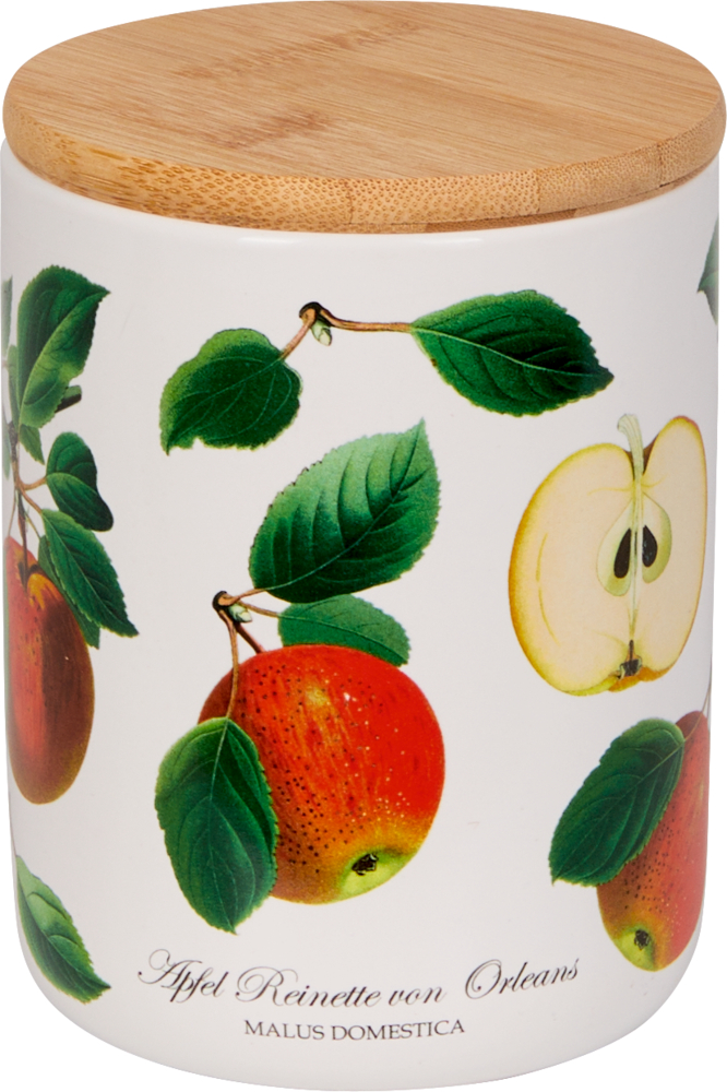 Vorratsdose "Äpfel" aus Keramik - Sammlung Augustina (ca. 0,65 l) Keramikgefäß mit Apfelabbildungen, Holzdeckel, beschriftet mit „Apfel Reinette von Orleans“.