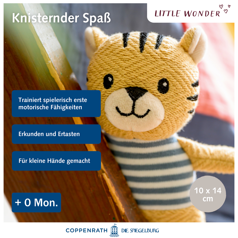 Plüschtiger im gestreiften Hemd für Babys, abgebildet neben blauen Produktinfoboxen.