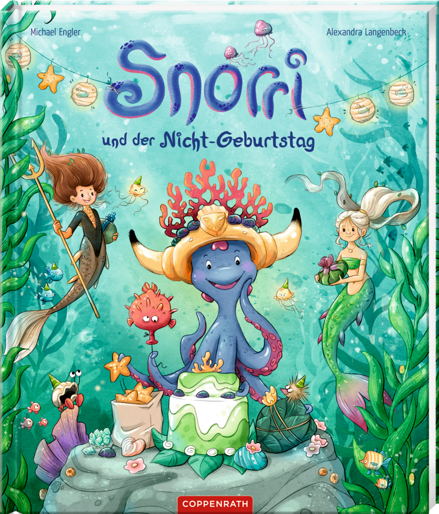 Snorri und der Nicht-Geburtstag (Bd.5) "Snorri und der Nicht-Geburtstag" illustriertes Cover mit Meereslebewesen und einer dekorierten Torte unter dem Meer.