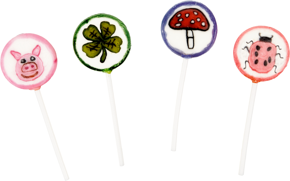 Glücks-Lollies Viel Glück Vier Lutscher mit einem Schwein, einem Kleeblatt, einem Pilz und einem Marienkäfer auf weißem Hintergrund.