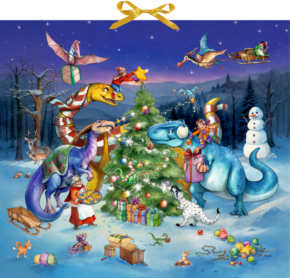Dinosaurier schmücken im verschneiten Wald einen Weihnachtsbaum mit Geschenken, Girlanden und Stern, umgeben von Tieren und Schneemann.