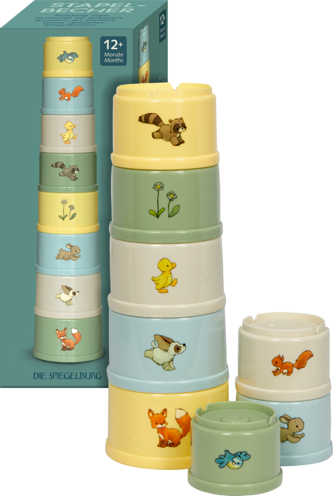 Stapelbecher mit Tierillustrationen, zusammengesetzt, im Hintergrund ist die Verpackung sichtbar.