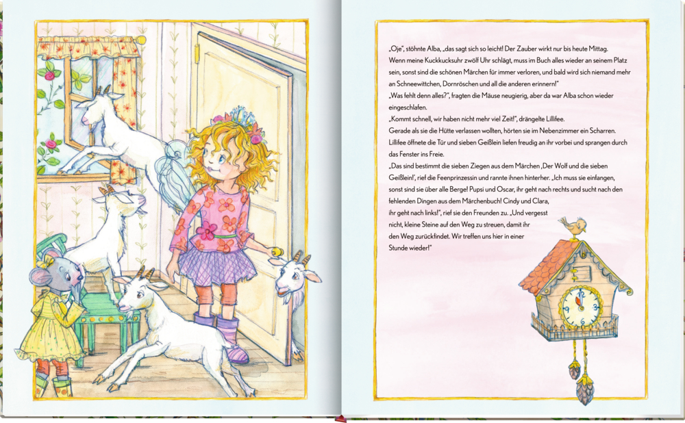 Eine Fee steht mittags mit vier Ziegen und einer Maus im Zimmer, auf einer Innenansicht mit Text.