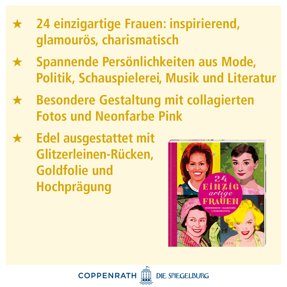 Buch mit Porträts von vier Frauen auf dem farbigen Cover, daneben goldene Textliste mit Beschreibung des Buches.