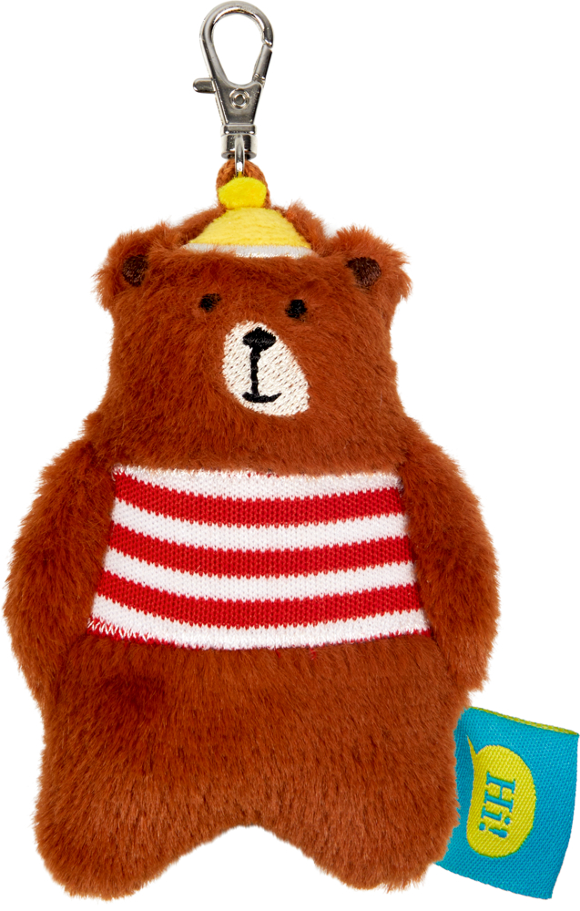 Bär, Lustiger Tier-Anhänger - Bunte Geschenke Plüschbär-Schlüsselanhänger mit gelbem Hut, rot-weiß gestreiftem Hemd und blauem Seitenschild.