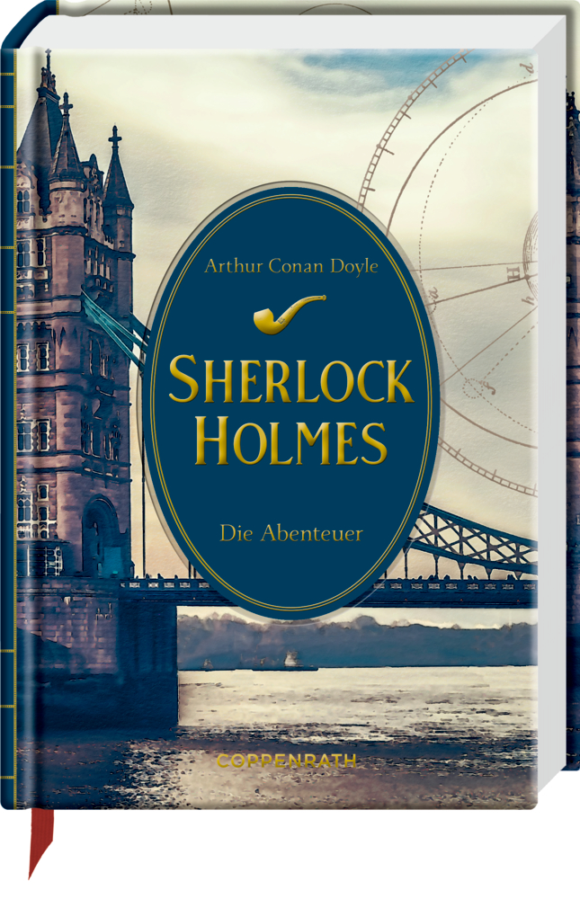 Kleine Schmuckausgabe: Sherlock Holmes (Bd.2) - Die Abenteuer Buchcover von „Sherlock Holmes: Die Abenteuer“ mit der Tower Bridge in London und einem Zifferblatt im Hintergrund.