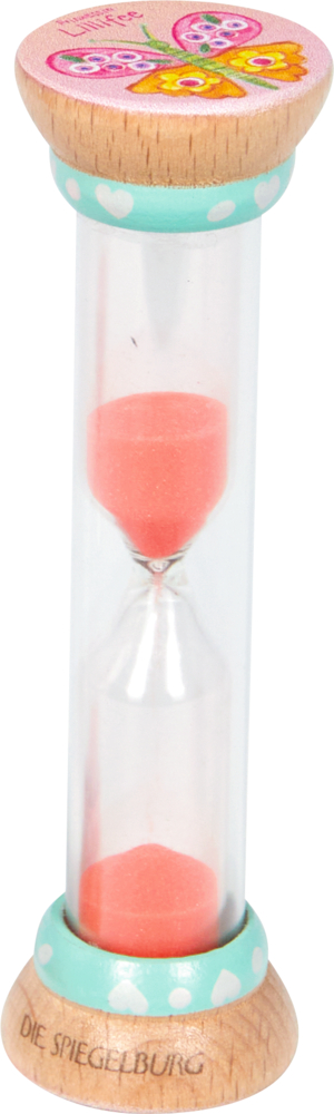 Sanduhr aus Holz mit rosa Sand, pastellblauen Akzenten und einem dekorativen Schmetterling oben drauf.