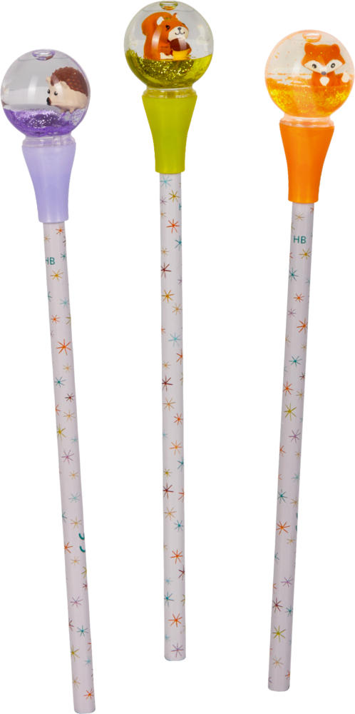 Drei Bleistifte mit Sternenmuster, jeder mit einer einzigartigen bunten Spitze in Tierform.