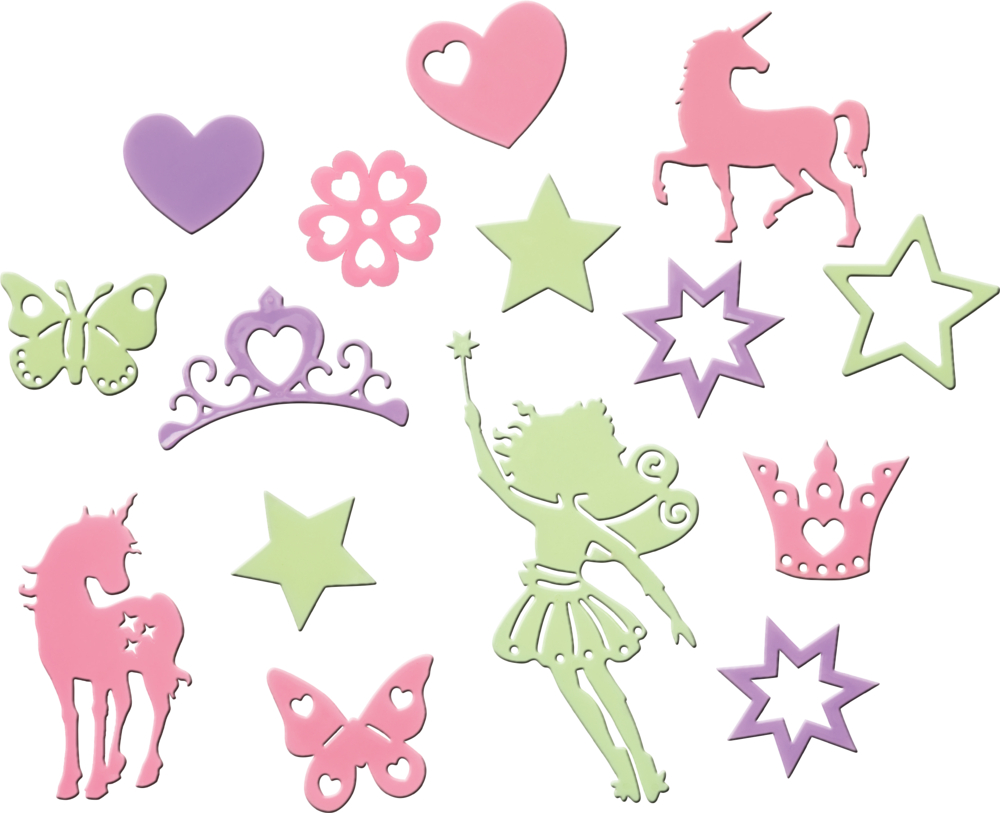Pastellfarbene Aufkleber mit Sternen, Herzen, Einhörnern, Kronen, Schmetterlingen und einer Fee mit Zauberstab.