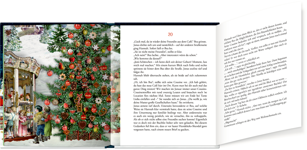 Aufgeschlagenes Buch mit einem Weihnachtsbaum auf der linken Seite und Text auf beiden Seiten.