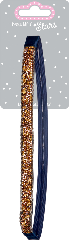 Marineblaues Stirnband mit braunem und goldenem Glitzer, abgebildet auf einer grauen Karte mit weißen Punkten.