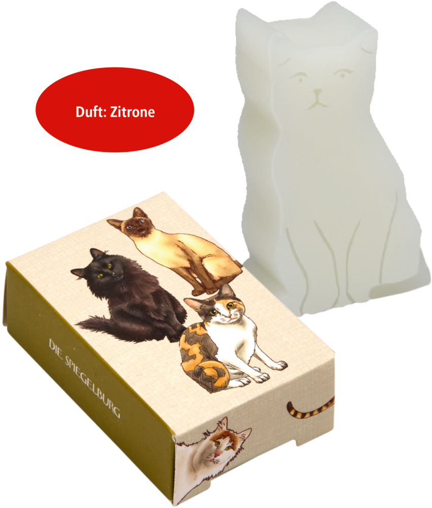 Seife in Katzenform in einer Schachtel mit Katzenillustrationen; auf dem roten Etikett steht „Duft: Zitrone“.