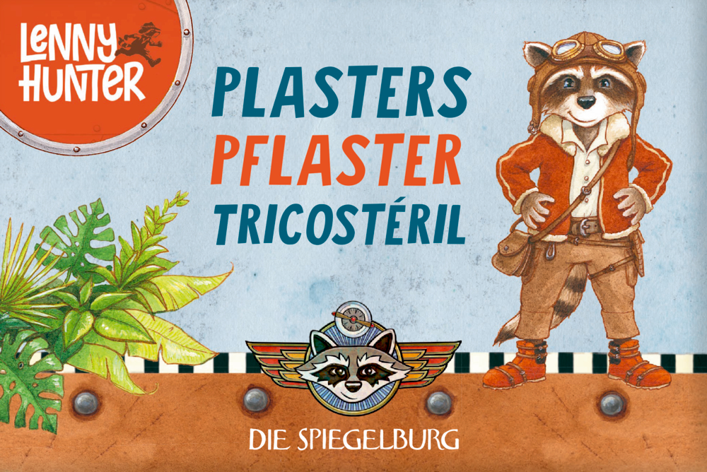 Pflasterstrips (10 St.) - Lenny Hunter Abenteuerlustiger Waschbär in Fliegermontur neben tropischen Pflanzen, mit der Aufschrift „Pflaster“ in drei Sprachen.