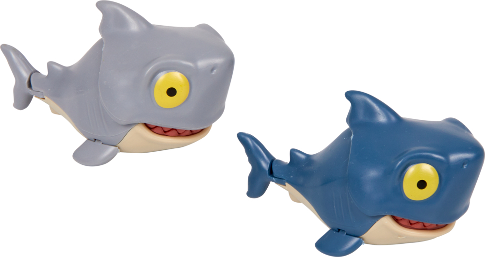 Schnapp-Hai - Capt'n Sharky Zwei Plastik-Spielzeughaie – einer grau, einer blau – mit großen gelben Augen und breiten Mündern.