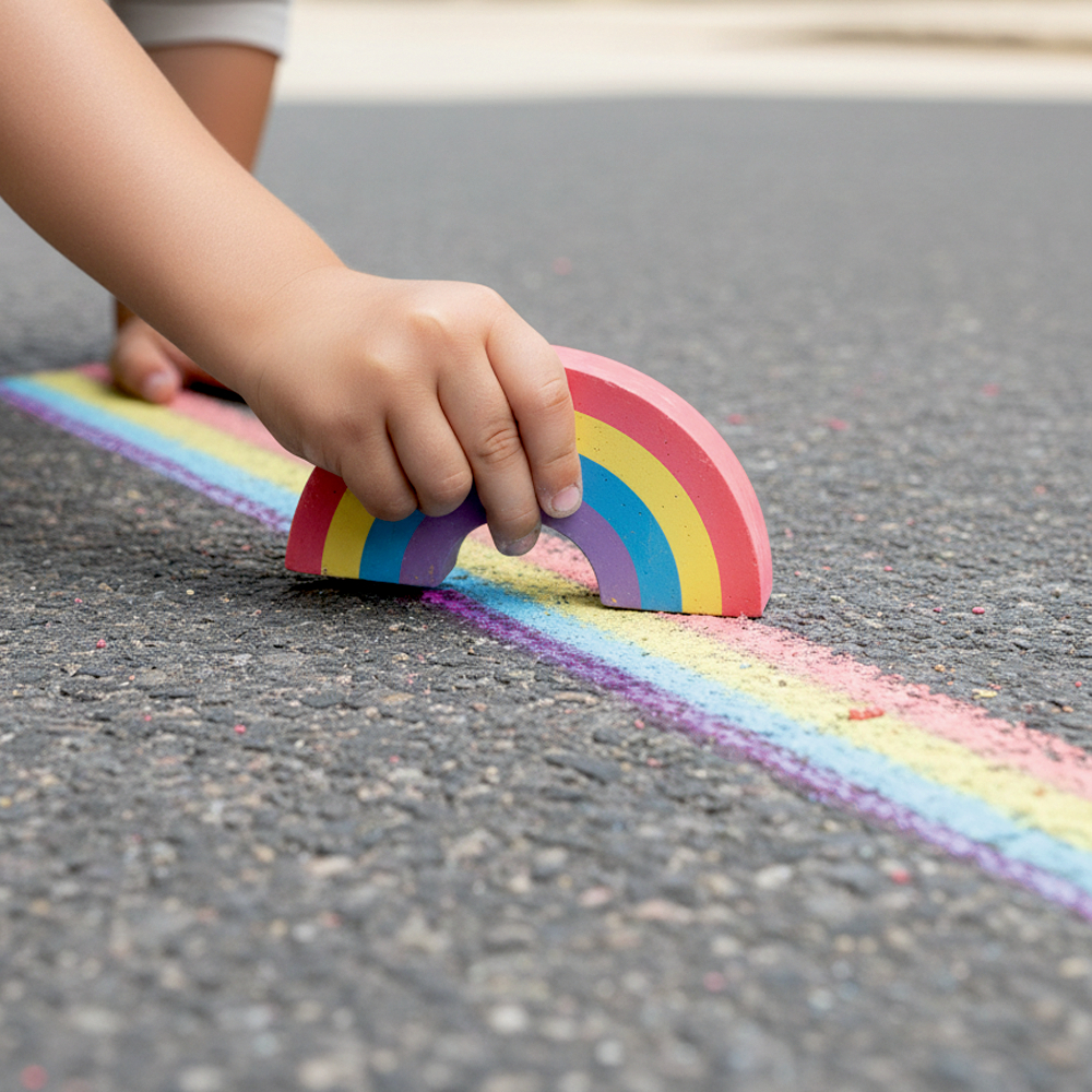 Kinderhand malt malt mit großem Kreidestück eine Regenbogenlinie auf Asphalt.